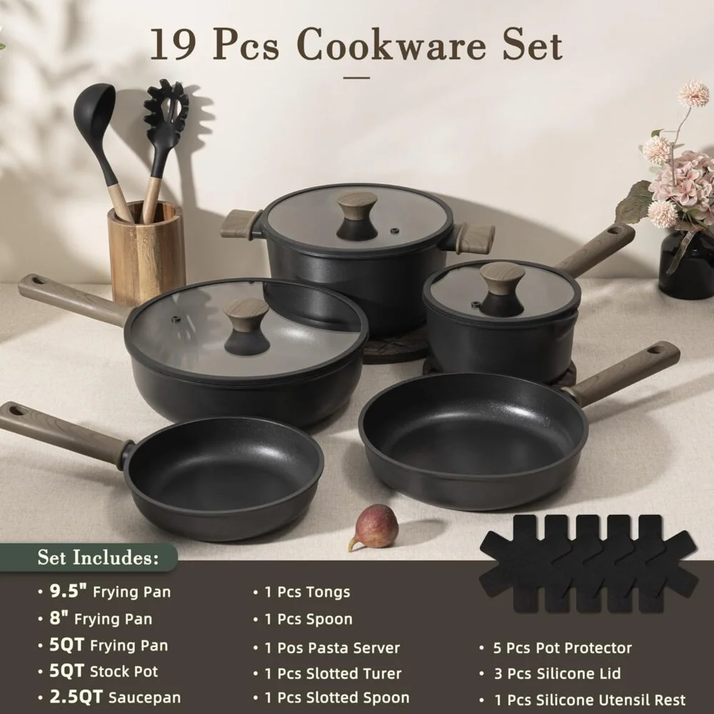 81YSTTtQc9L._AC_SL1500_-1000x1000 Astercook 19 Pcs Pots and Pans Set Non Stick. Black Titanium Induction Kitchen Cookware Sets. Non toxic Healthy Non Stick Kitchen Cooking Set with Frying Pans Set. PFAS PTFE PFOA PFOS Free - Image 1