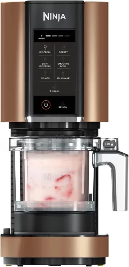 Ninja CREAMi Ice Cream Maker & Frozen Dessert Maker with 3 Containers. 7 Programmes. Makes Ice Cream. Gelato. Sorbet. Smoothie Bowl. Milkshakes and More. Makes 1.4 L Ice Cream. Black & Copper.
